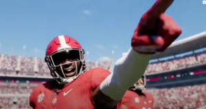 in a scene from EA Sports' College Football 25, a player from the University of Alabama Crimson Tide points in triumph with a sold-out Bryant-Denny Stadium behind him